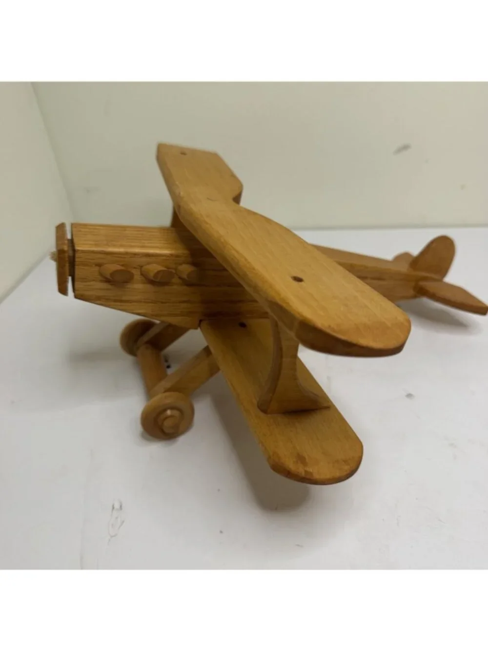 Vintage Natural Wood Handcrafted Wooden Double Wing Biplane Toy Collectible